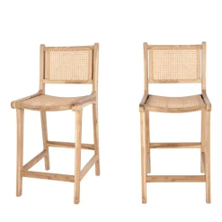 BASUKI Lot de 2 tabourets de bar en teck et cannage H65cm