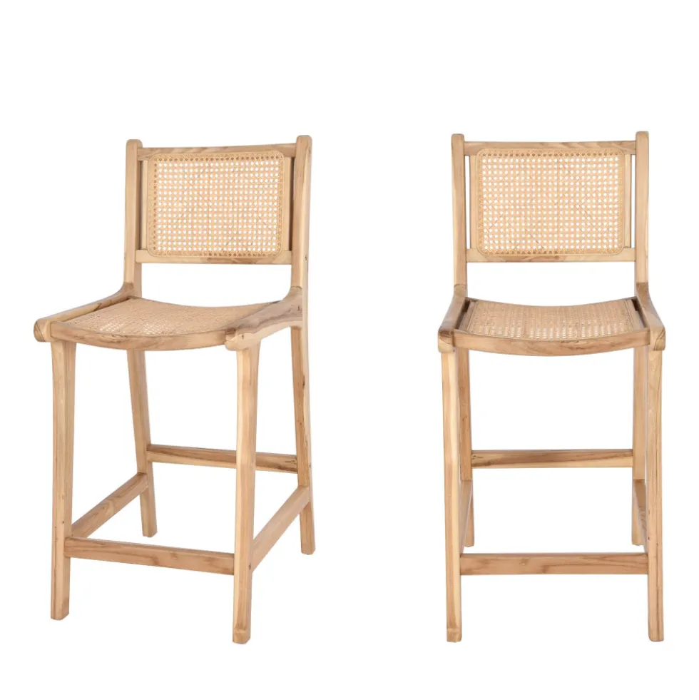 BASUKI Lot de 2 tabourets de bar en teck et cannage H65cm