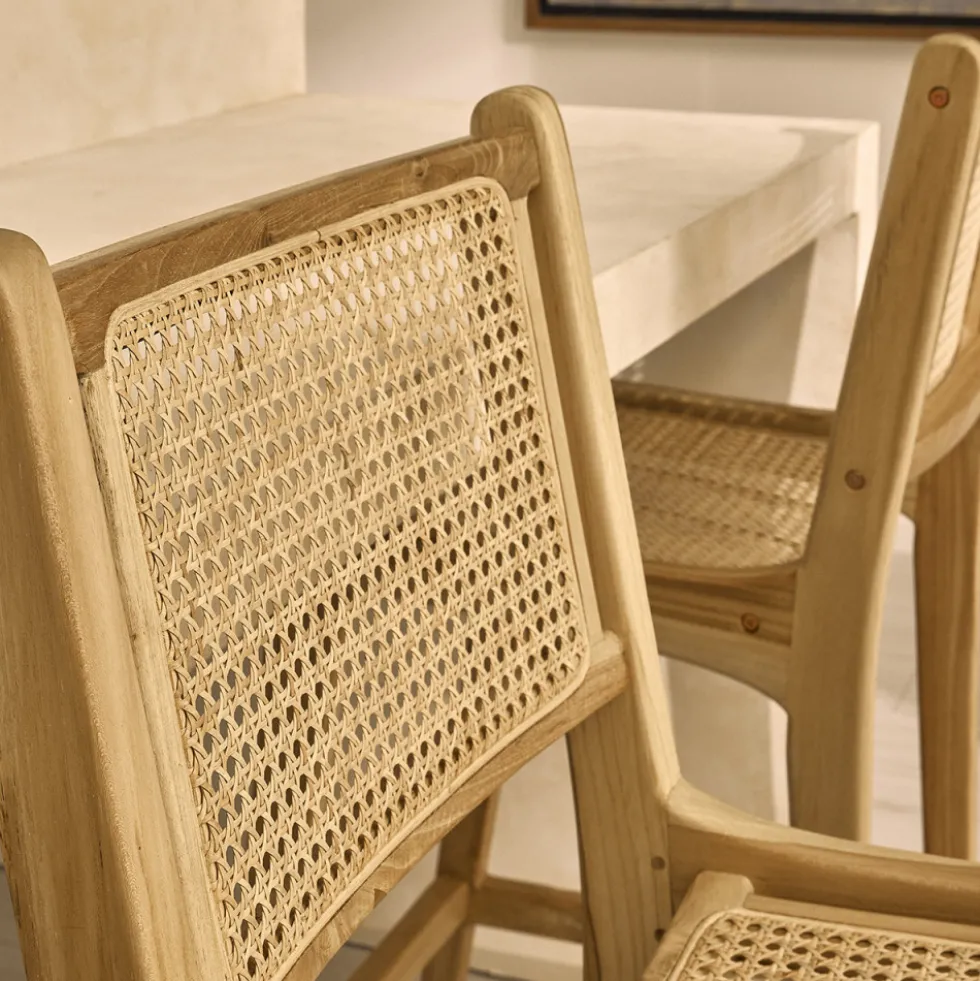 BASUKI Lot de 2 tabourets de bar en teck et cannage H65cm