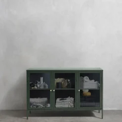 BJORN Buffet 3 portes en verre strié et métal L132cm