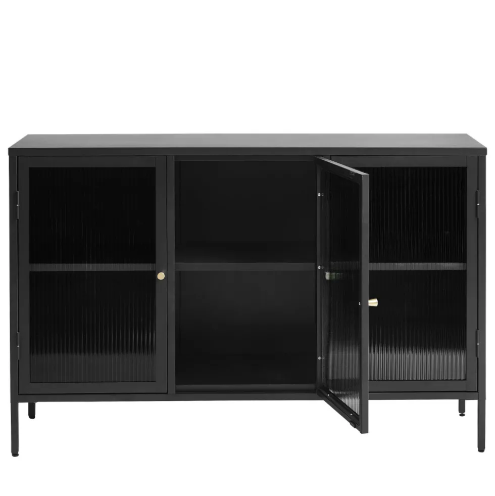 BJORN Buffet 3 portes en verre strié et métal L132cm