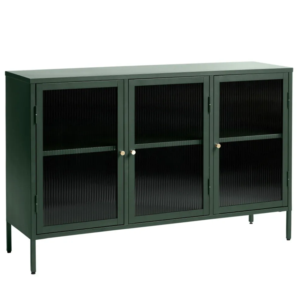 BJORN Buffet 3 portes en verre strié et métal L132cm