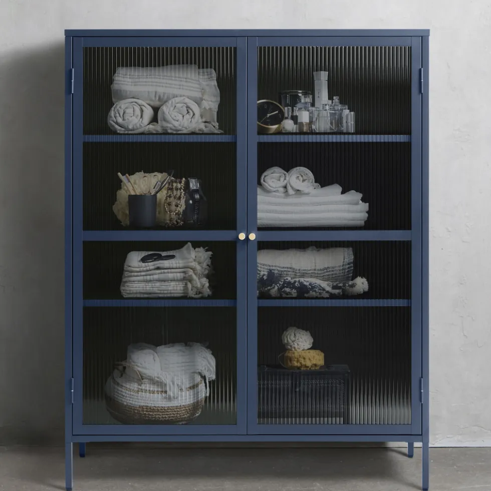 BJORN Vaisselier 2 portes en verre strié et métal H140cm