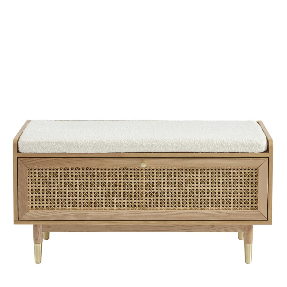 BOMBONG Banc d'entrée avec rangement chaussures en bois et cannage L100cm