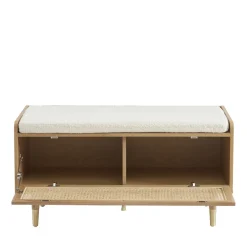 BOMBONG Banc d'entrée avec rangement chaussures en bois et cannage L100cm