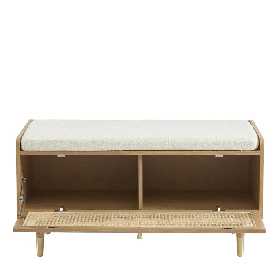 BOMBONG Banc d'entrée avec rangement chaussures en bois et cannage L100cm