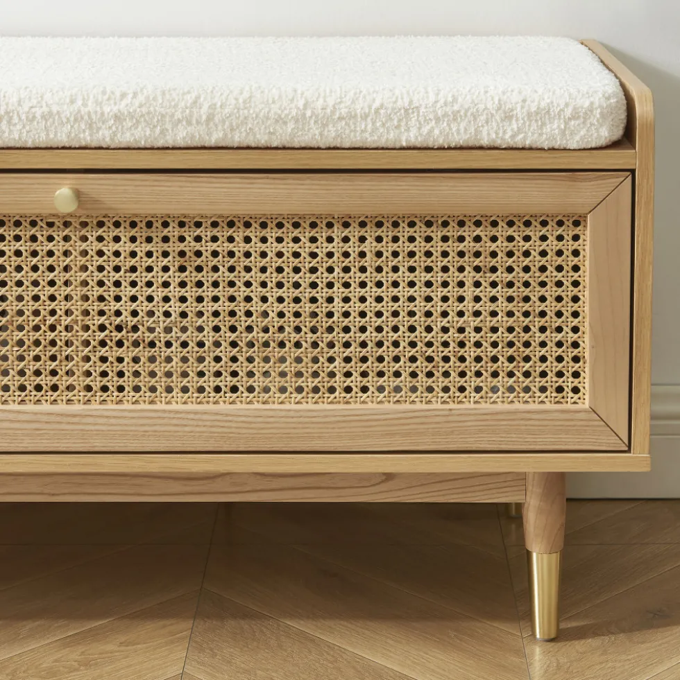BOMBONG Banc d'entrée avec rangement chaussures en bois et cannage L100cm