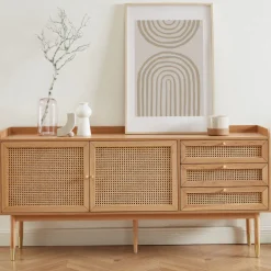 BOMBONG Buffet 2 portes 3 tiroirs en bois et cannage L180cm