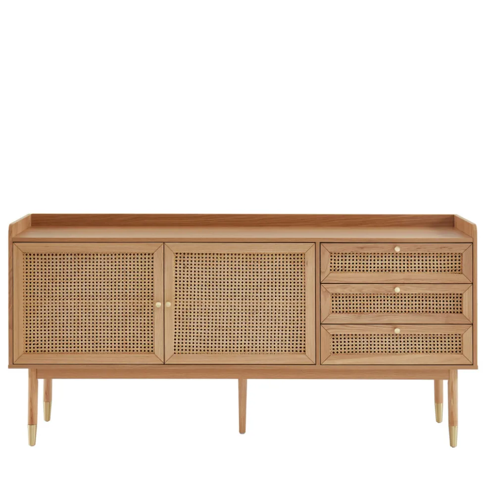 BOMBONG Buffet 2 portes 3 tiroirs en bois et cannage L180cm