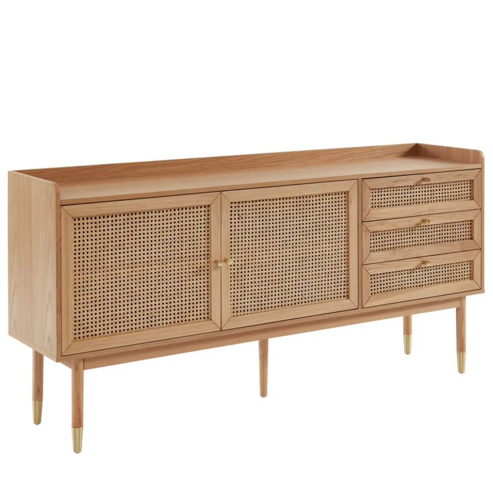 BOMBONG Buffet 2 portes 3 tiroirs en bois et cannage L180cm