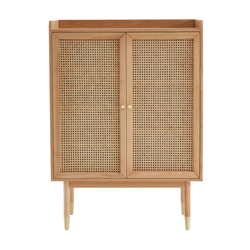 BOMBONG Buffet haut 2 portes en bois et cannage L90cm