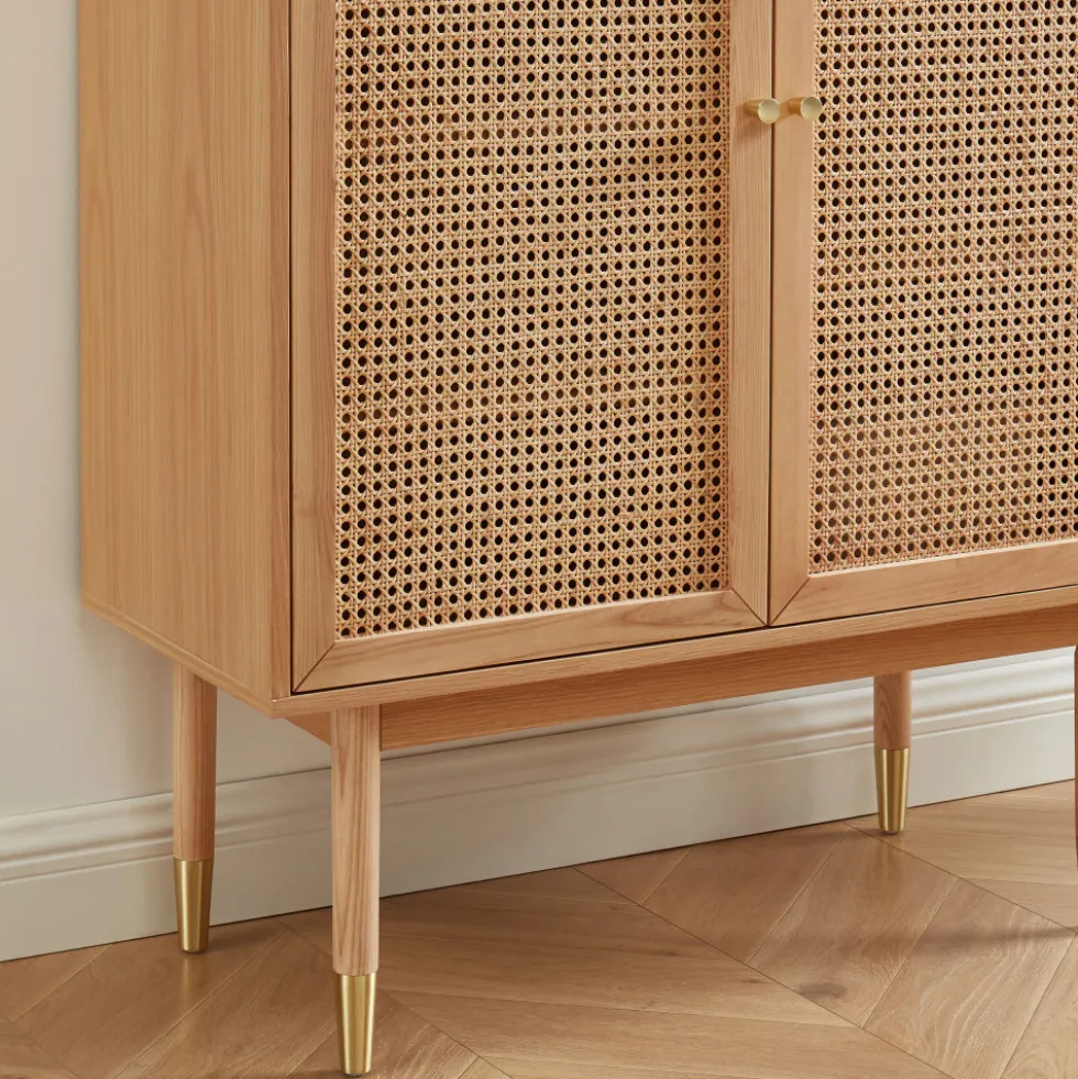 BOMBONG Buffet haut 2 portes en bois et cannage L90cm