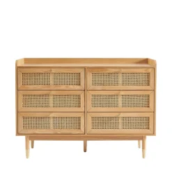 BOMBONG Commode 6 tiroirs en bois et cannage L120cm