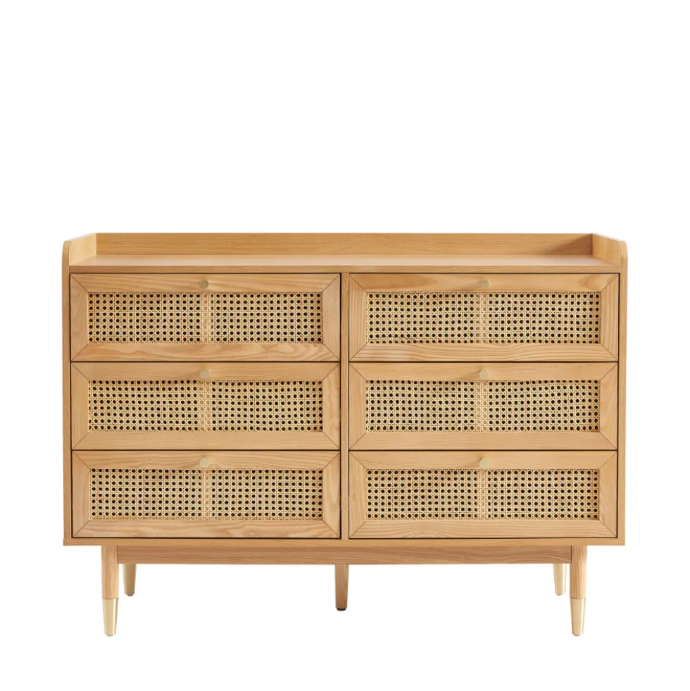 BOMBONG Commode 6 tiroirs en bois et cannage L120cm