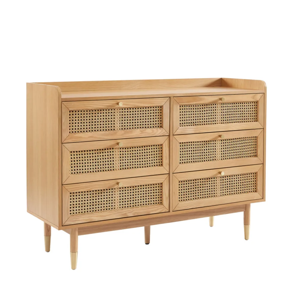 BOMBONG Commode 6 tiroirs en bois et cannage L120cm