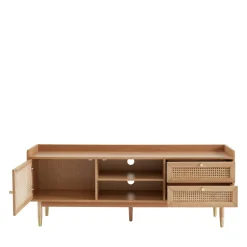 BOMBONG Meuble TV 1 porte 2 tiroirs en bois et cannage L160cm