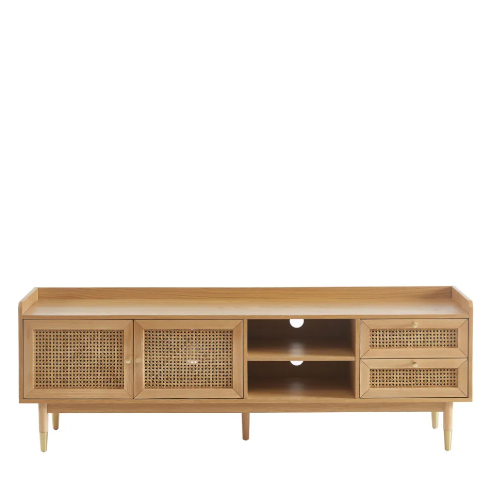 BOMBONG Meuble TV 2 portes 2 tiroirs en bois et cannage 180 cm
