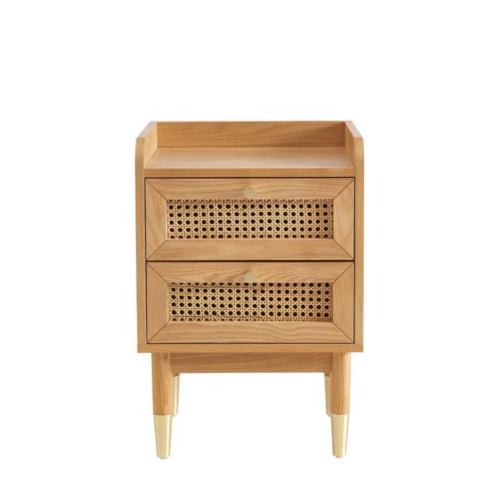 BOMBONG Table de chevet 2 tiroirs en bois et cannage