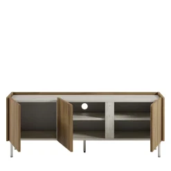 BOXY Meuble TV 3 portes en bois et effet travertin L140cm