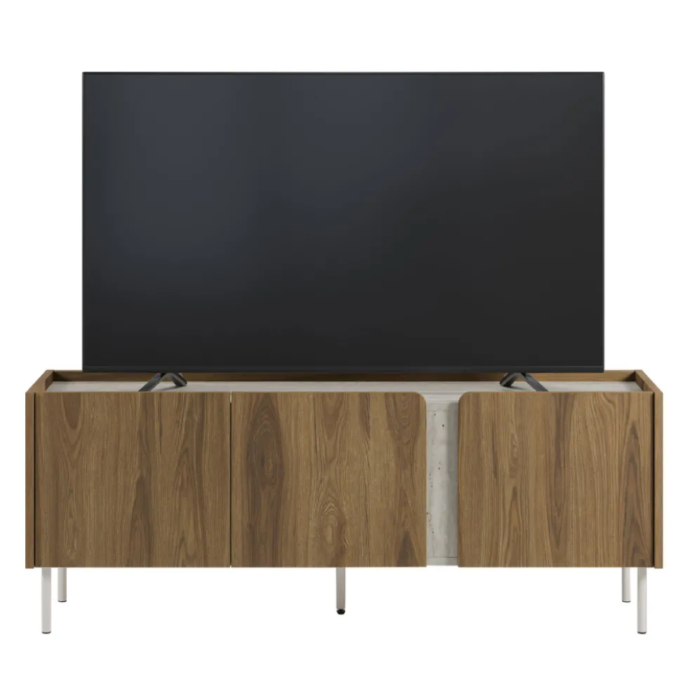 BOXY Meuble TV 3 portes en bois et effet travertin L140cm