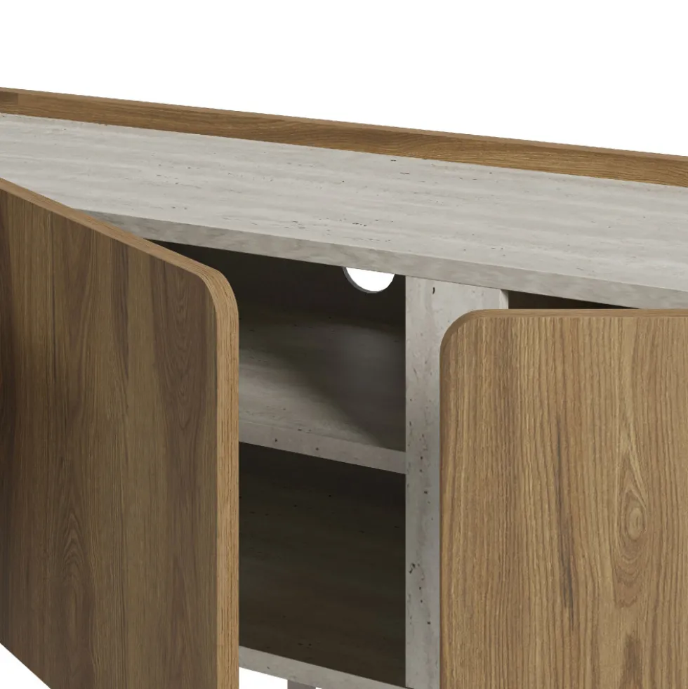 BOXY Meuble TV 3 portes en bois et effet travertin L140cm