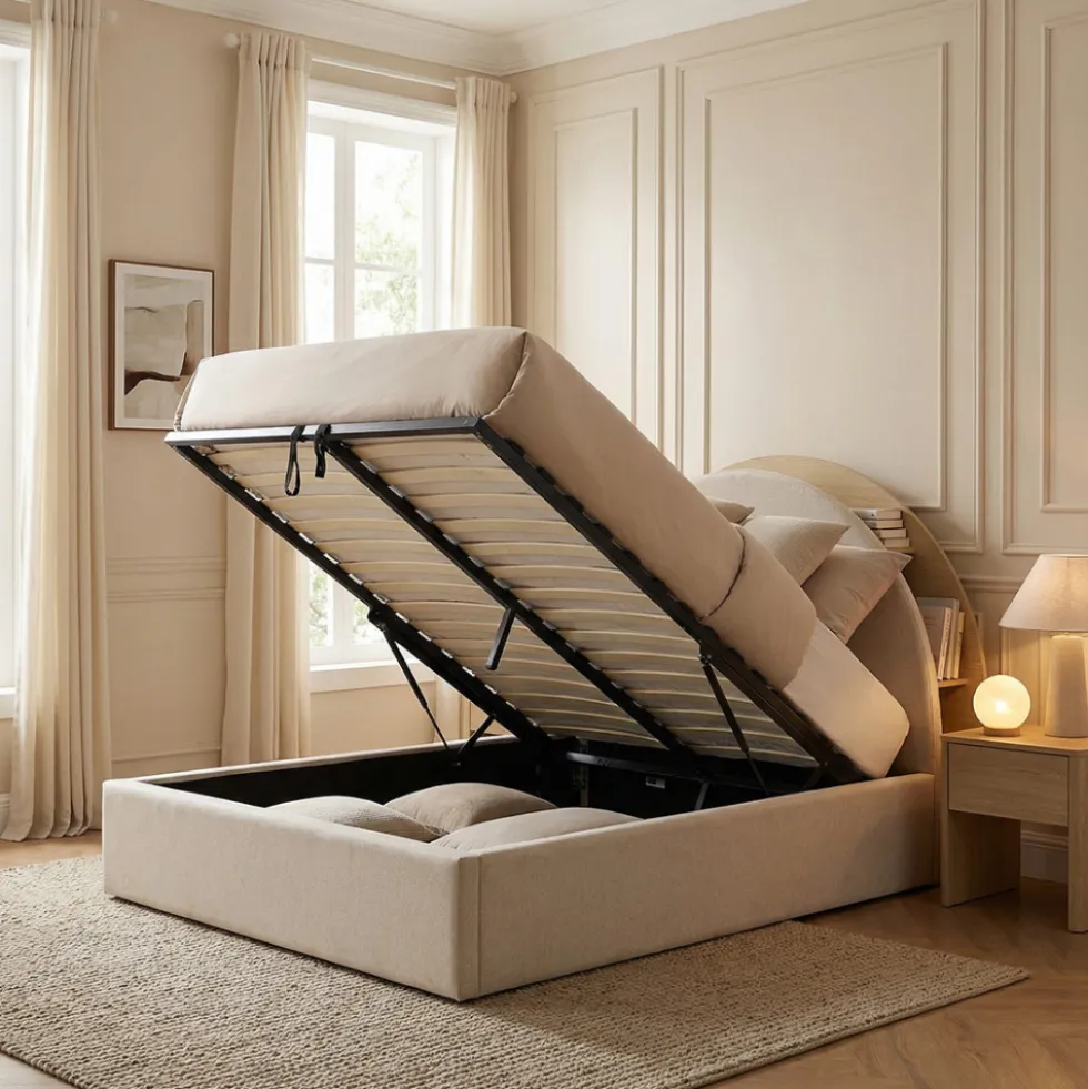 BRIE Lit coffre en tissu avec rangements intégrés 140x190cm