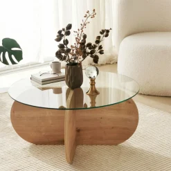 BULLY Table basse ronde en verre trempé et bois ø75cm