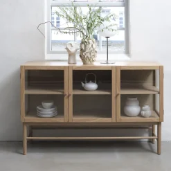 CAHIR Buffet 3 portes en verre trempé et bois L132cm