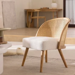 CANDICE Fauteuil en tissu bouclette et rotin
