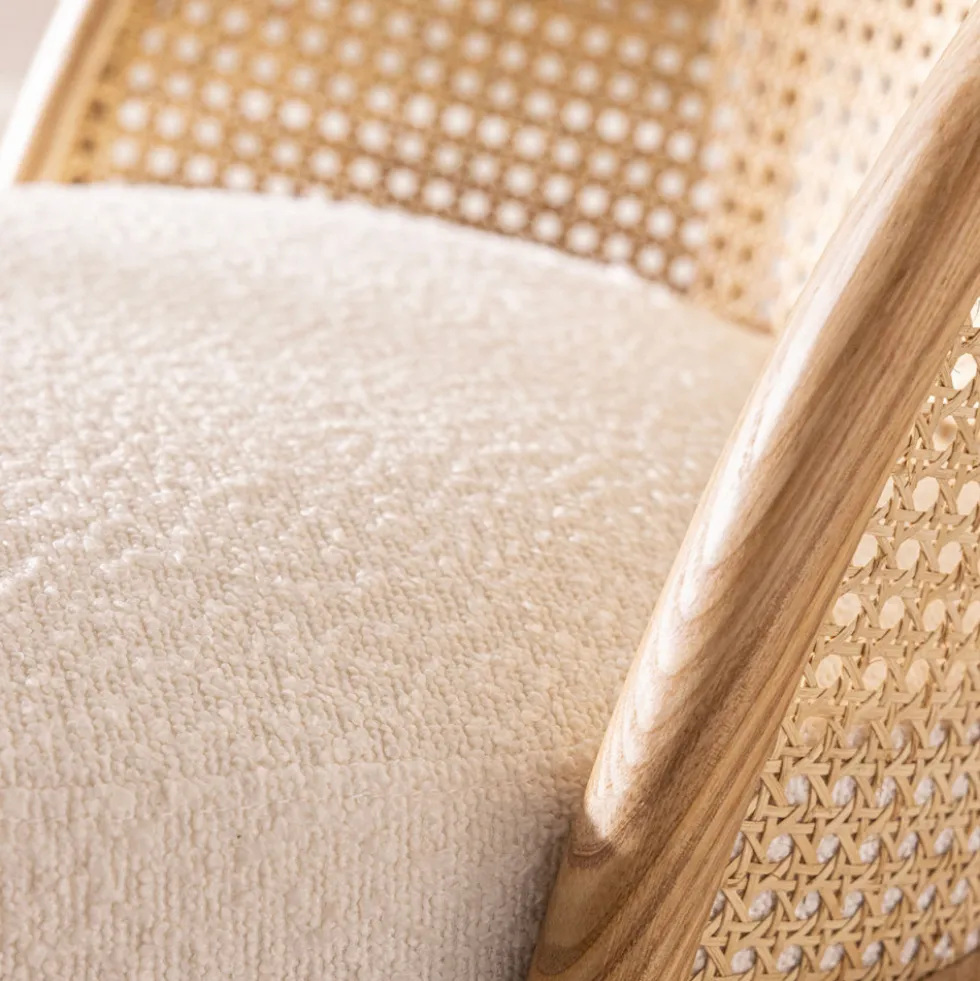 CANDICE Fauteuil en tissu bouclette et rotin