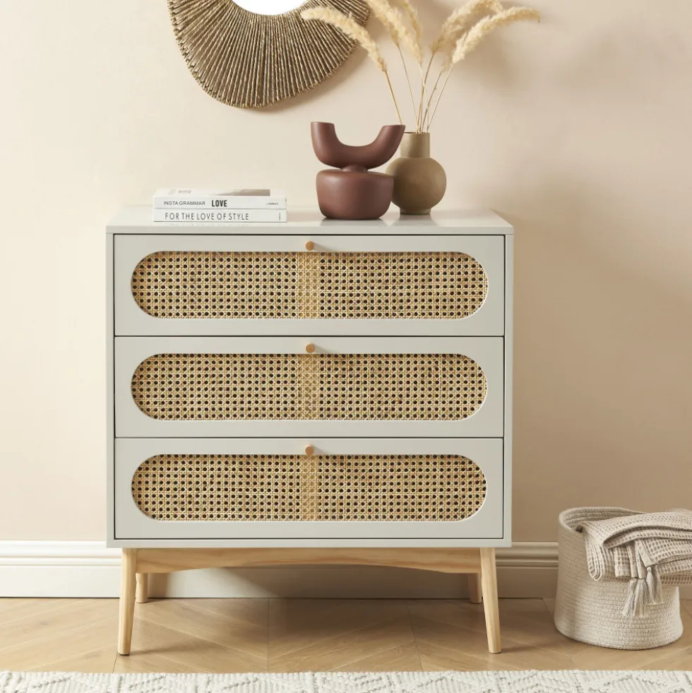CANNO Commode 3 tiroirs en bois et cannage L80cm