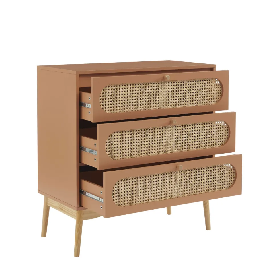 CANNO Commode 3 tiroirs en bois et cannage L80cm