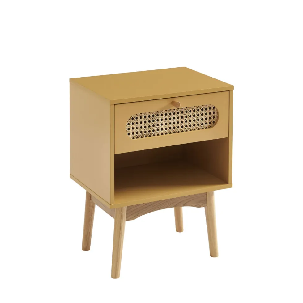 CANNO Table de chevet enfant 1 tiroir en bois et cannage