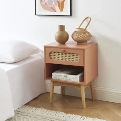 CANNO Table de chevet enfant 1 tiroir en bois et cannage