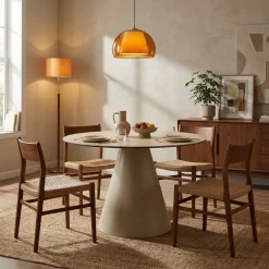CHIBA Table à manger 4 personnes ronde effet travertin