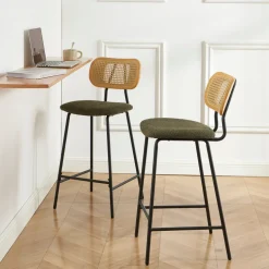 EMA Lot de 2 tabourets de bar en tissu bouclette et métal H66,5cm