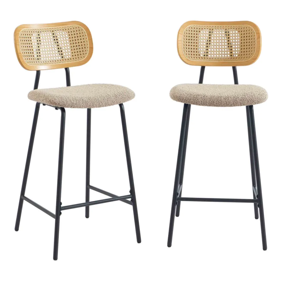 EMA Lot de 2 tabourets de bar en tissu bouclette et métal H66,5cm