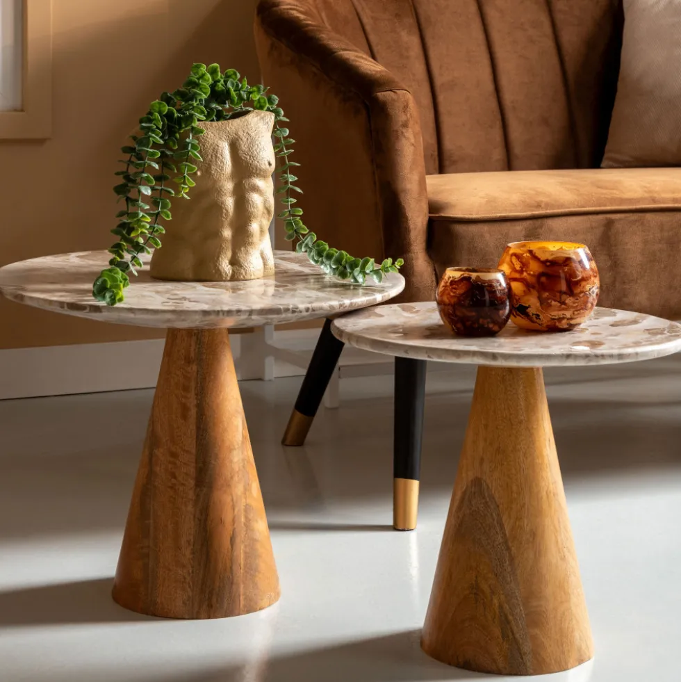 FORCE Table d’appoint en bois et marbre ø40cm