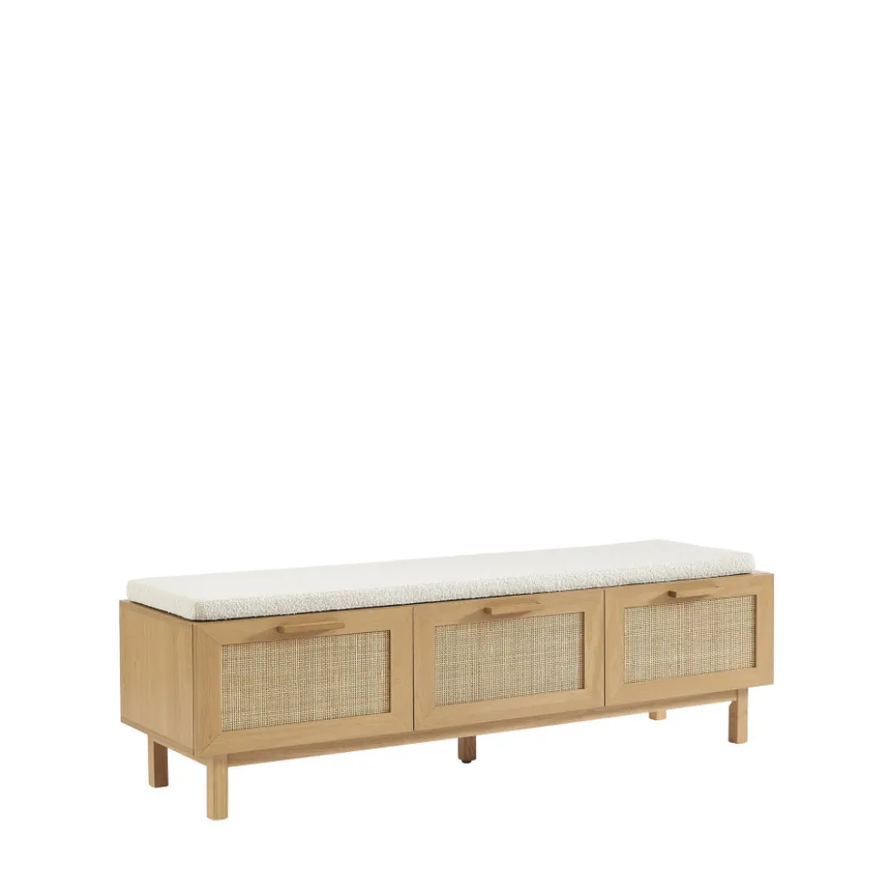 JUNE Banc d'entrée avec rangement à chaussures en bois et cannage L140cm