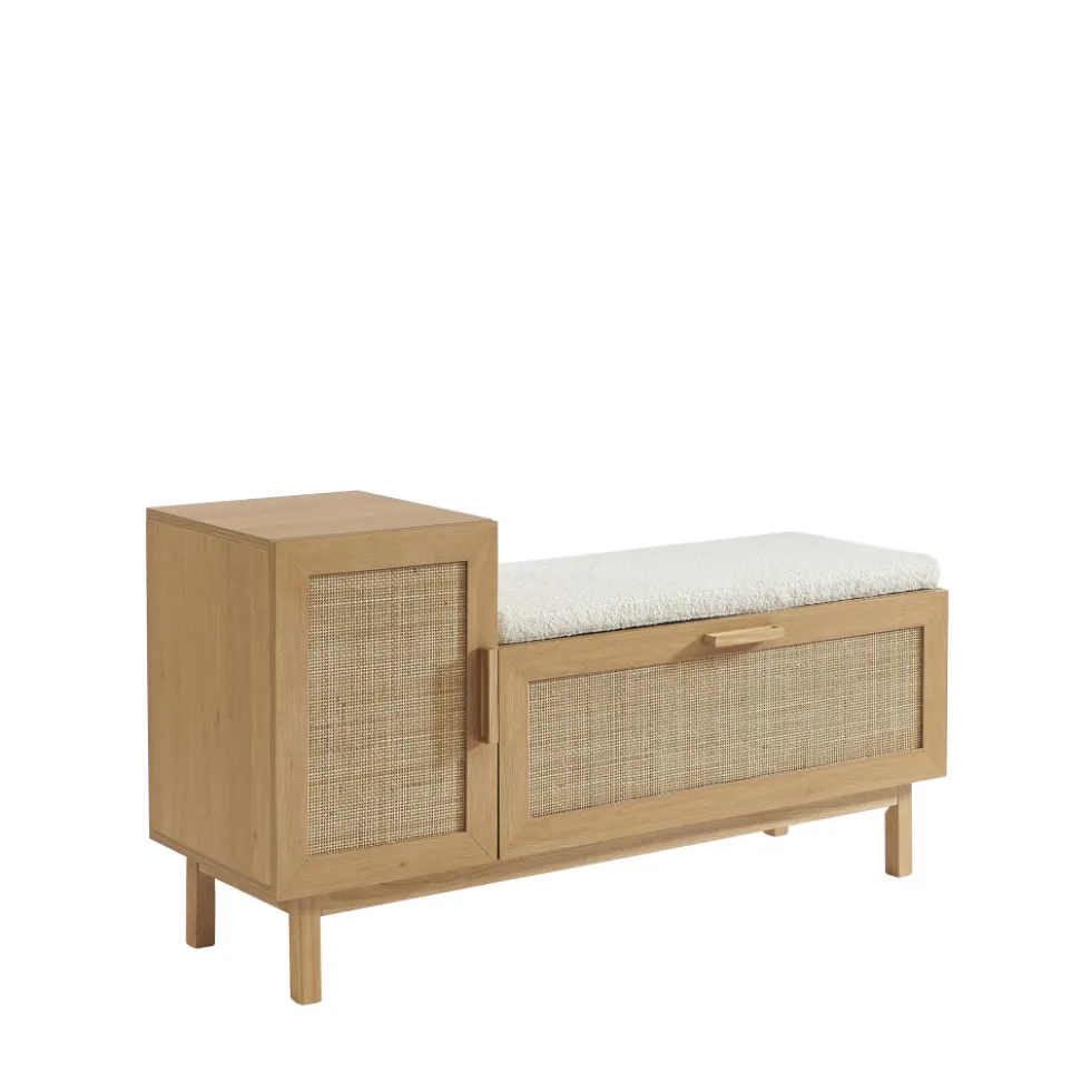 JUNE Banc d'entrée avec rangement à chaussures en bois et cannage L120cm