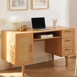 JUNE Bureau 1 porte 3 tiroirs en bois et cannage L135cm