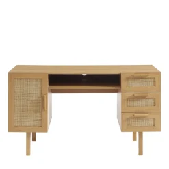 JUNE Bureau 1 porte 3 tiroirs en bois et cannage L135cm