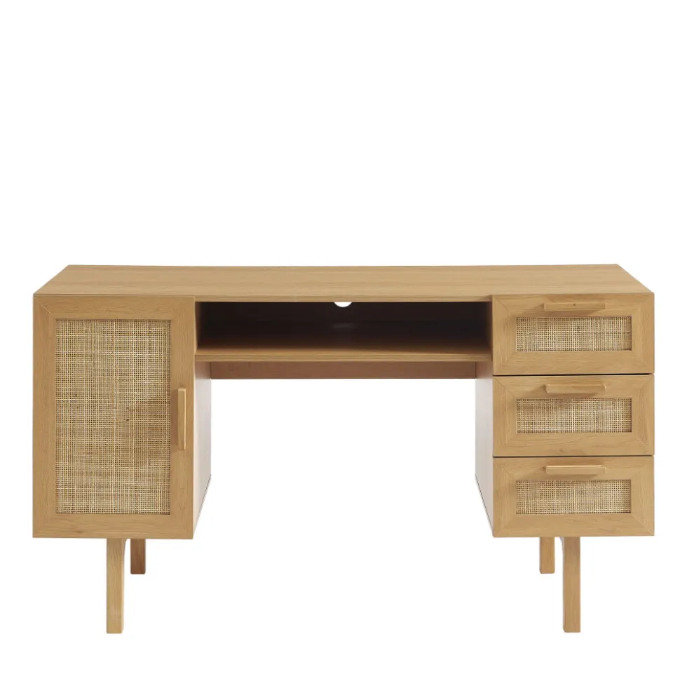 JUNE Bureau 1 porte 3 tiroirs en bois et cannage L135cm
