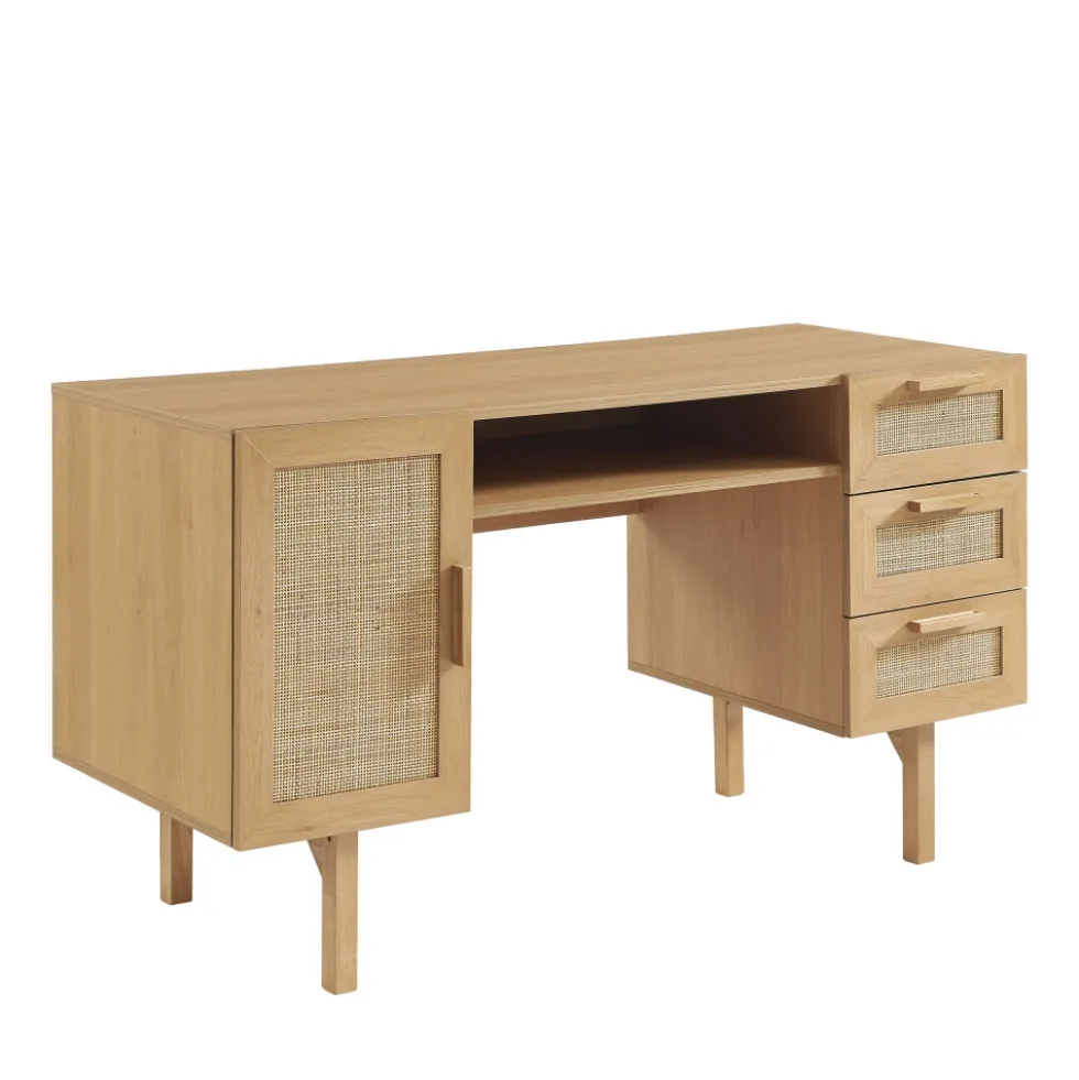 JUNE Bureau 1 porte 3 tiroirs en bois et cannage L135cm