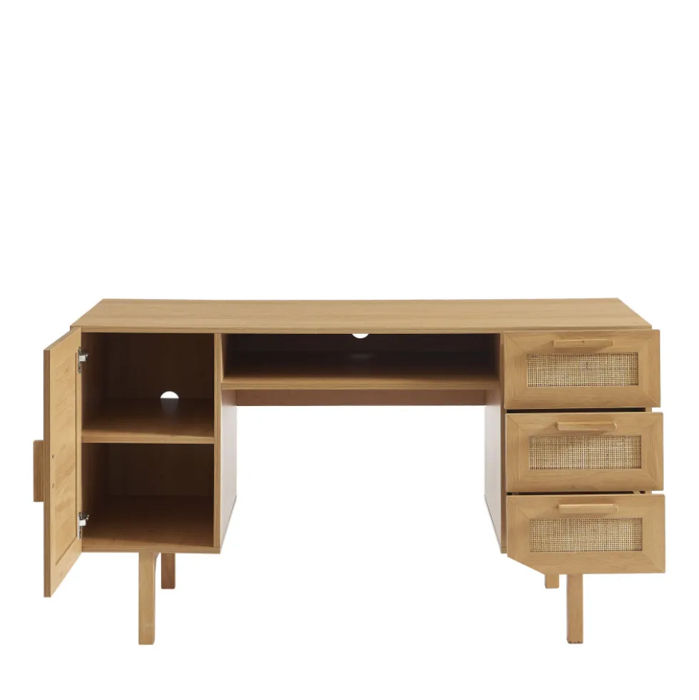 JUNE Bureau 1 porte 3 tiroirs en bois et cannage L135cm