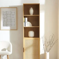 JUNE Colonne de rangement en bois et cannage H190cm