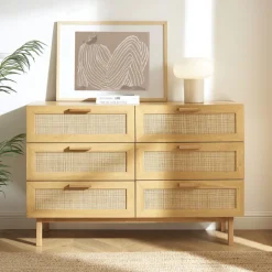 JUNE Commode 6 tiroirs en bois et cannage L130cm
