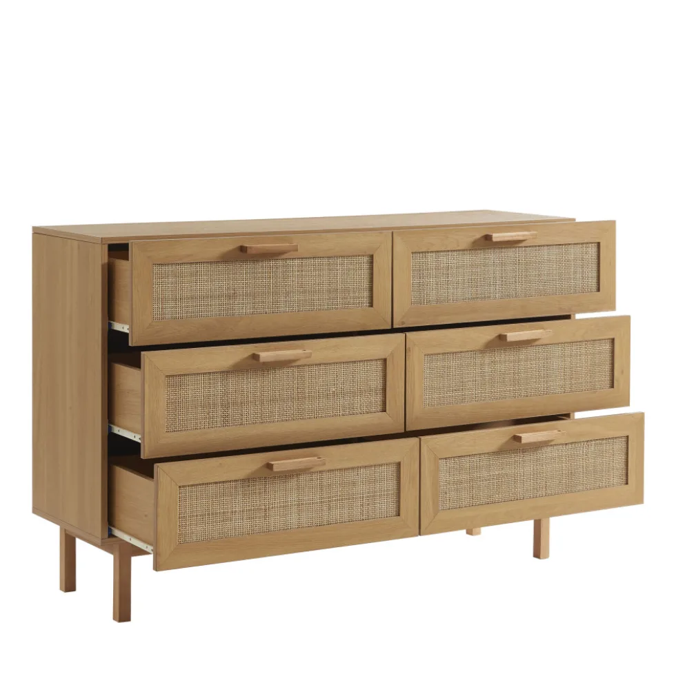 JUNE Commode 6 tiroirs en bois et cannage L130cm