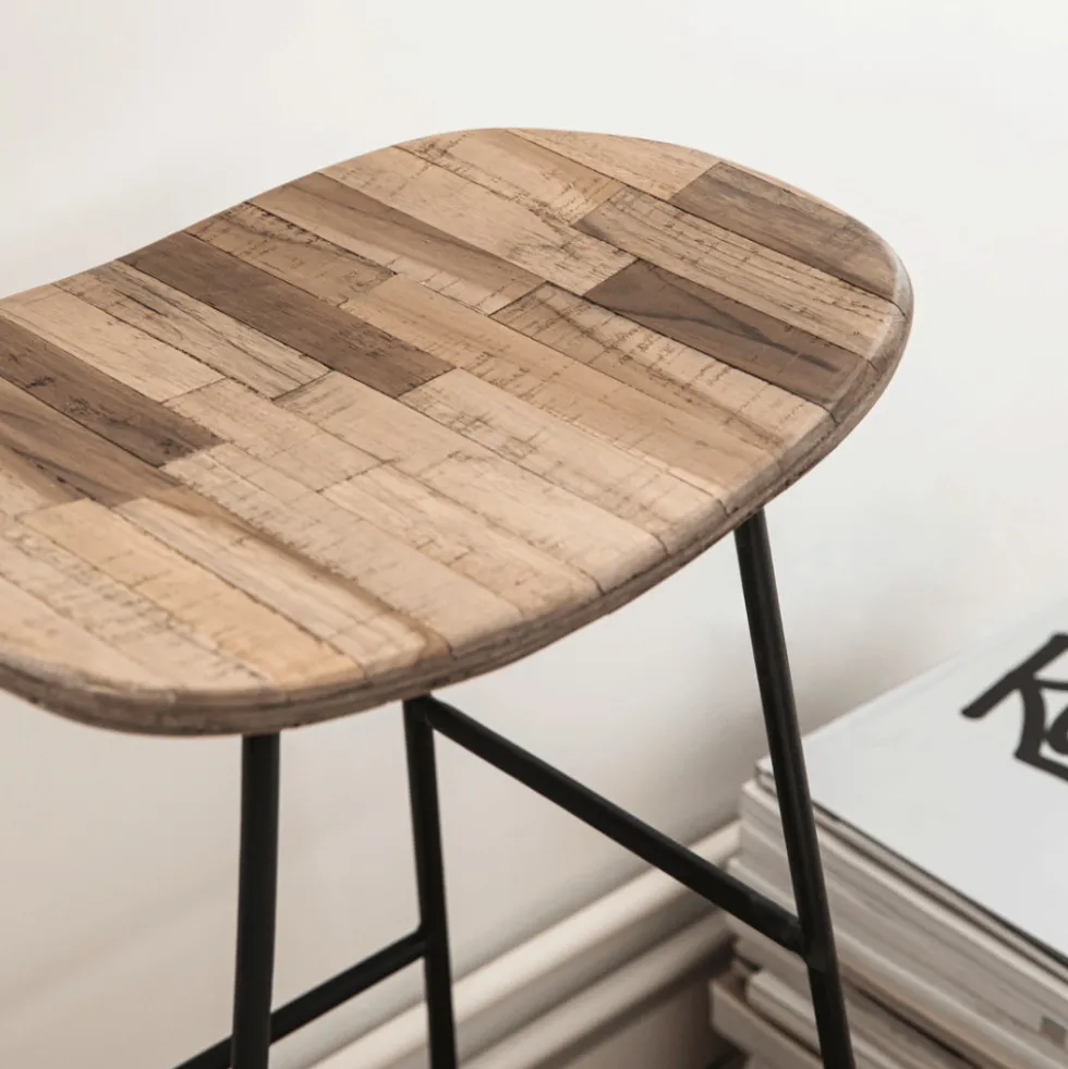 KABAYAN Tabouret de bar en teck recyclé et métal H65cm