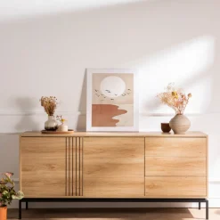 KROKOM Buffet 2 portes 3 tiroirs en bois et métal L180cm